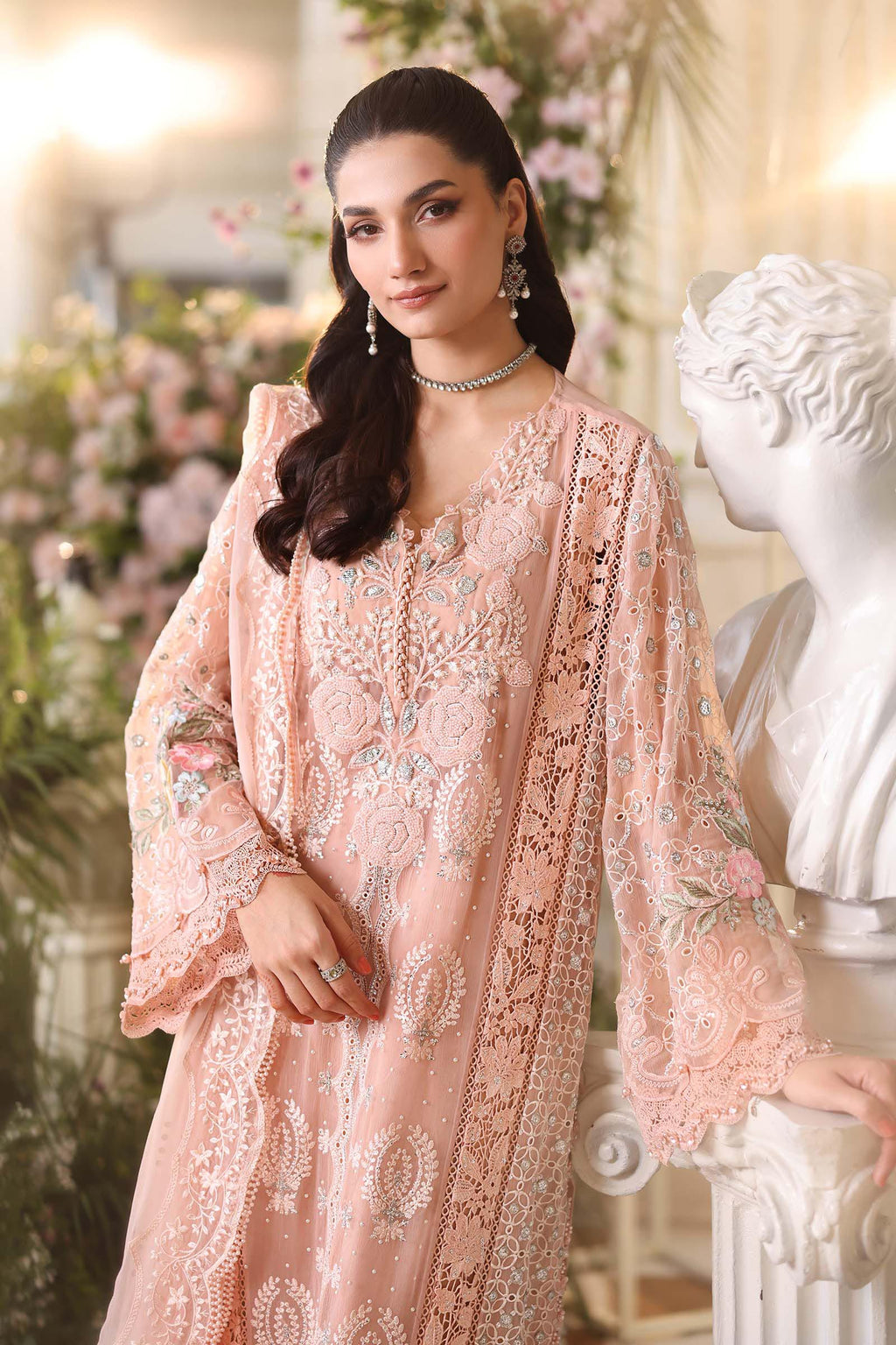 MARIA B LUXURY CHIFFON COLLECTION 2026 3 Piece Unstitched Embroidered Chiffon Suit In Stock BARCODE:MPC-26-104-Peach Pink