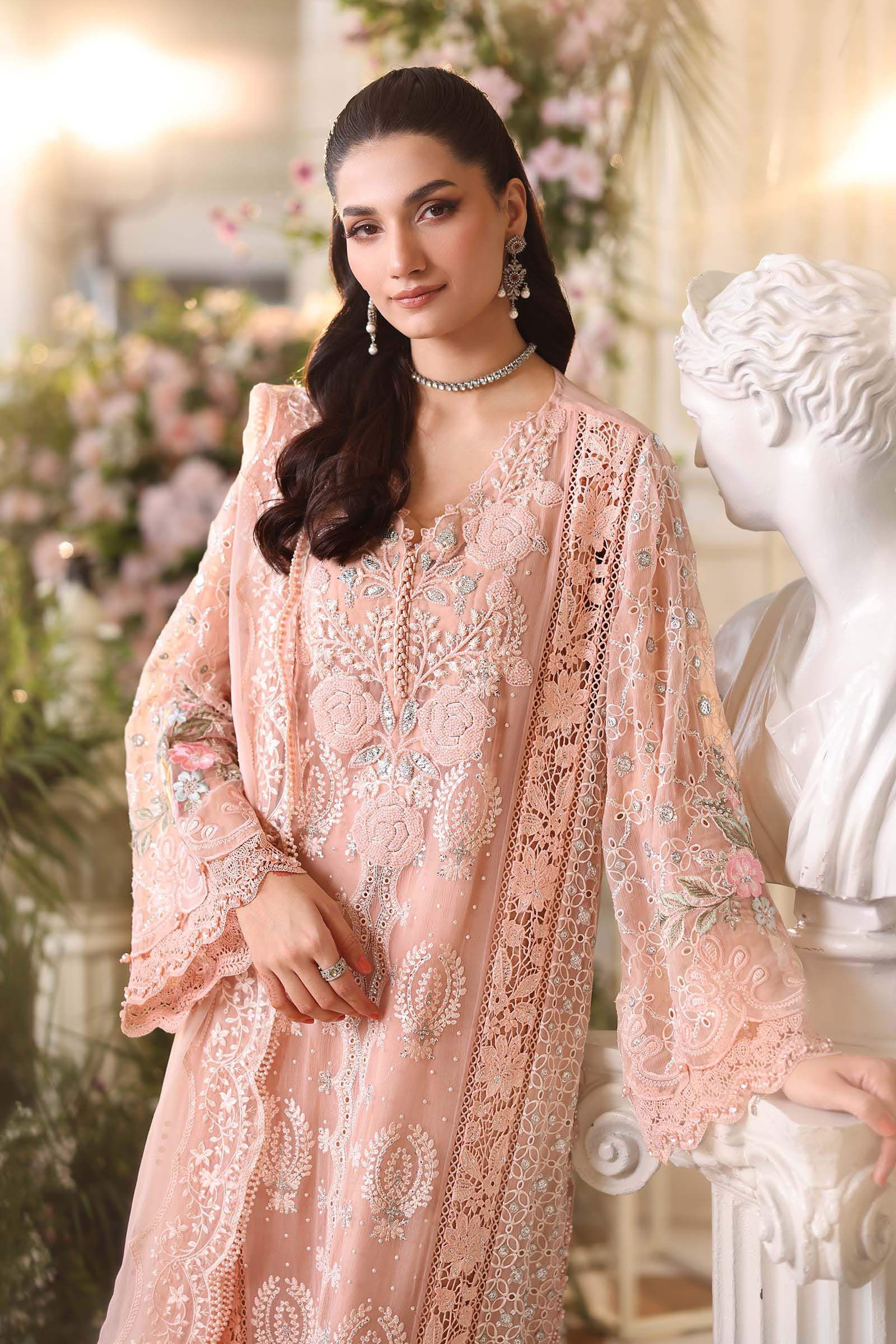 MARIA B LUXURY CHIFFON COLLECTION 2026 3 Piece Unstitched Embroidered Chiffon Suit In Stock BARCODE:MPC-26-104-Peach Pink