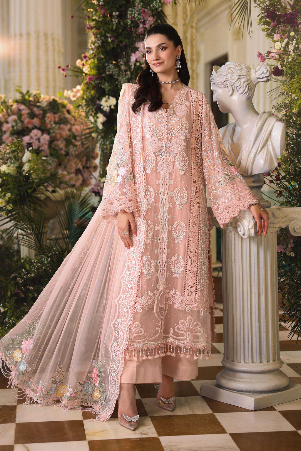 MARIA B LUXURY CHIFFON COLLECTION 2026 3 Piece Unstitched Embroidered Chiffon Suit In Stock BARCODE:MPC-26-104-Peach Pink