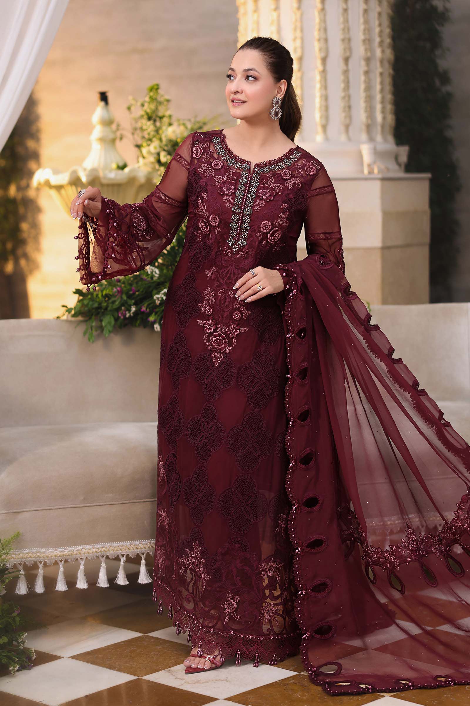 MARIA B LUXURY CHIFFON COLLECTION 2026 - 3 Piece Unstitched Embroidered Chiffon Suit In Stock BARCODE:MPC-26-108-Burgundy