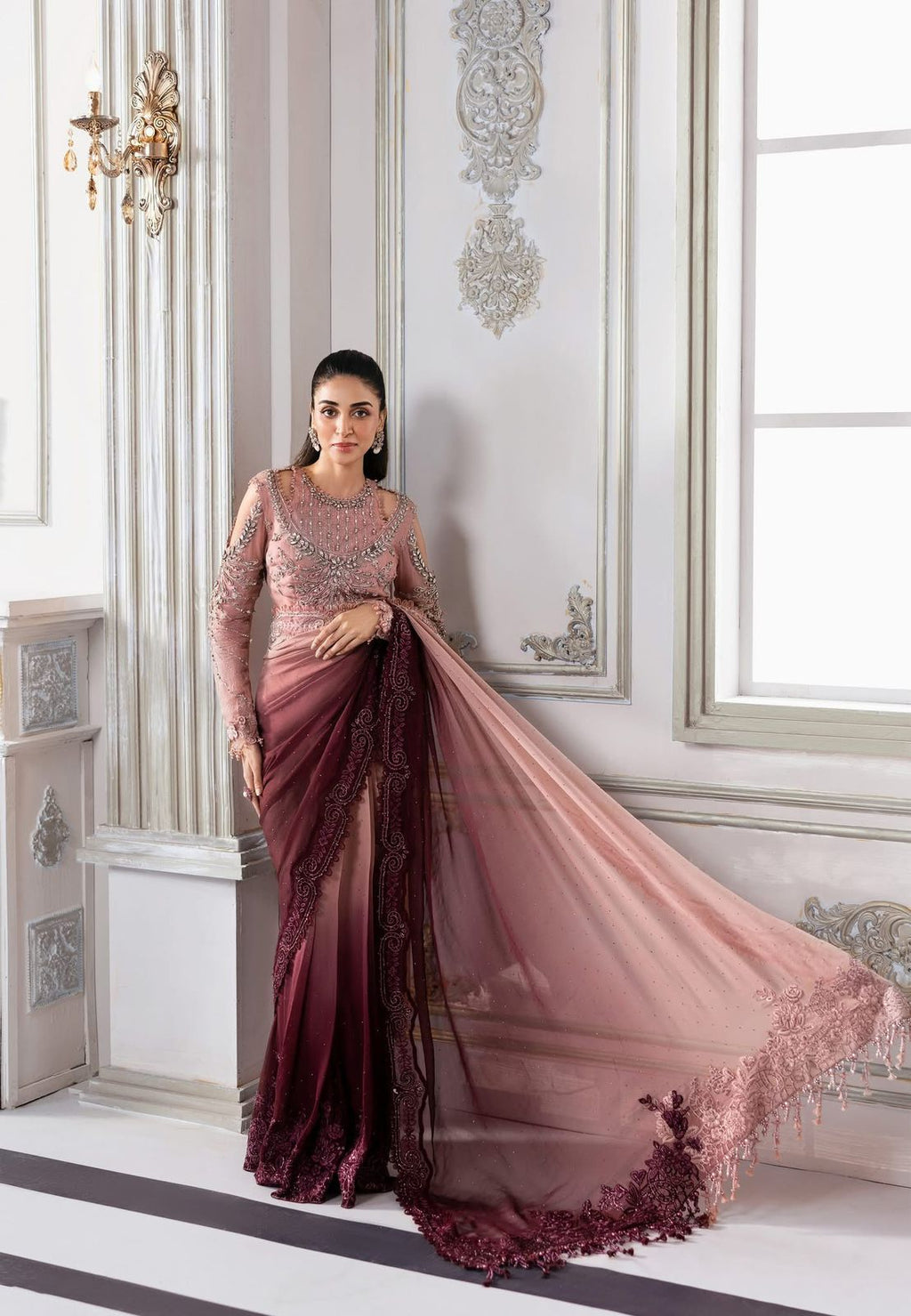 MARIA B - Unstitched Embroidered Chiffon Saree | BD-3001